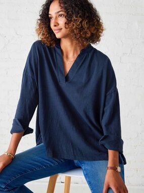 NWT Mersea Amelia Cuff Tee Deep V Neckline Slub Fabric Navy Blue One Size